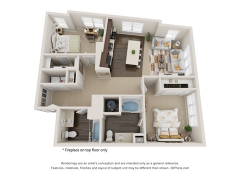A 3D floor plan of a house with a fireplace on the top floor.